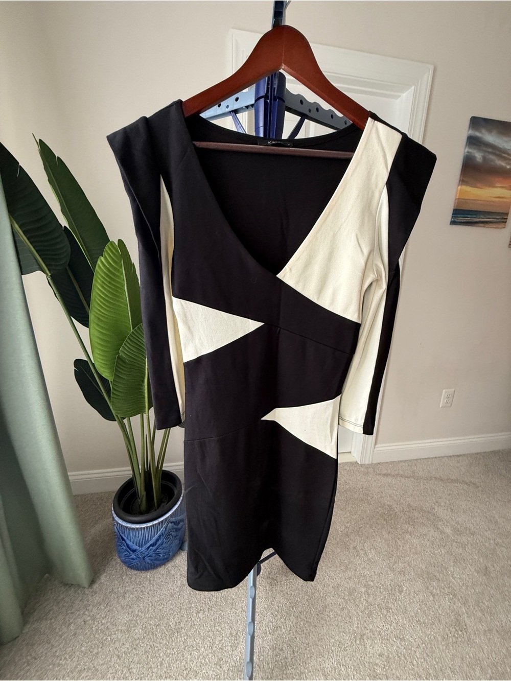 Black and Cream Geo-Block V-Neck Women's Dress